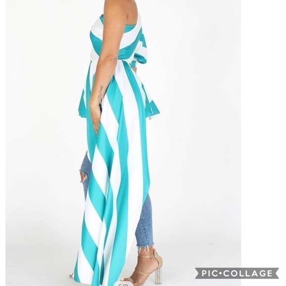 Ready for 🌞! Aqua Green & White One Shoulder Top - Picture 2 of 5